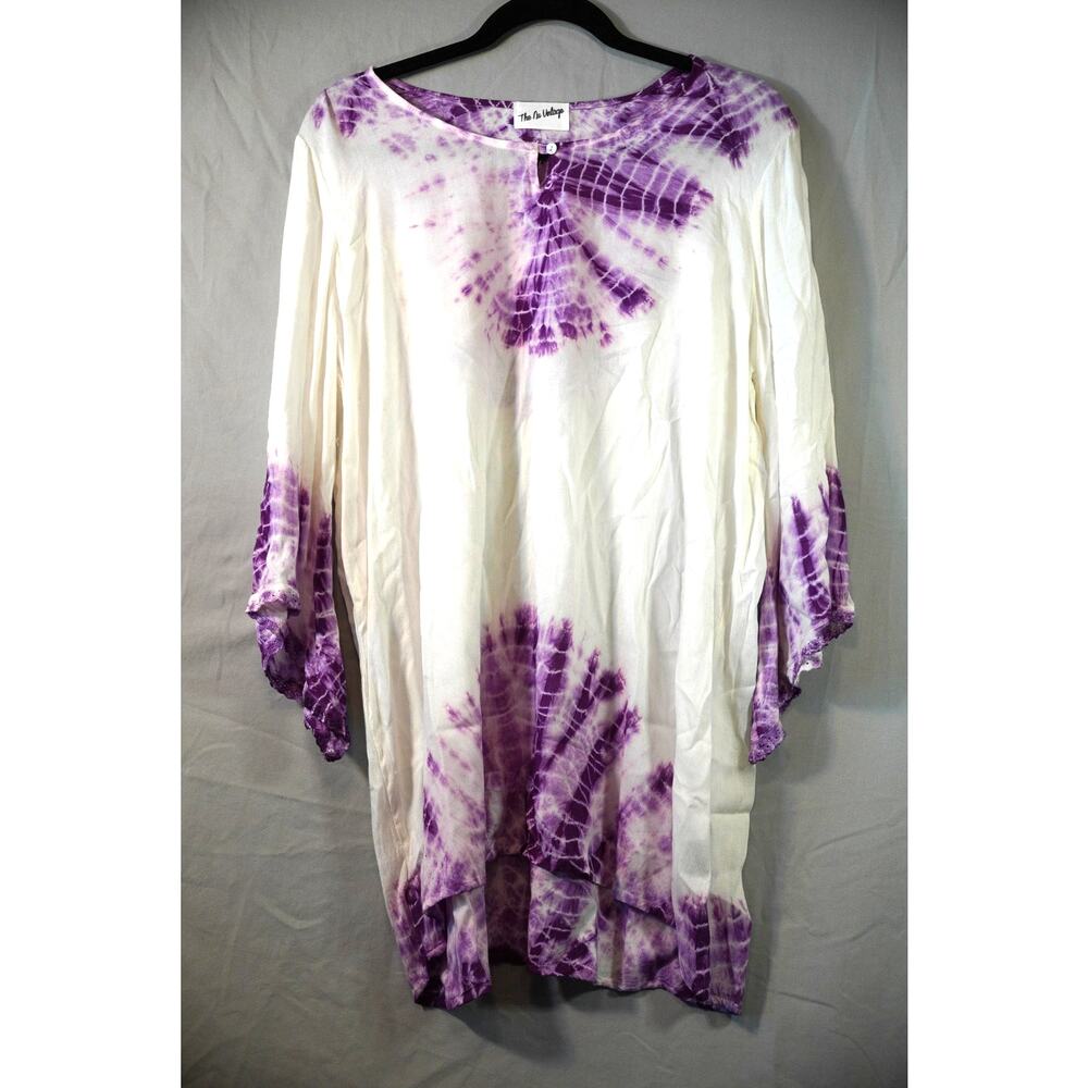 The Nu Vintage Purple Tie-Dye Boho Tunic Top Crochet Trim Bell Sleeve NWOT